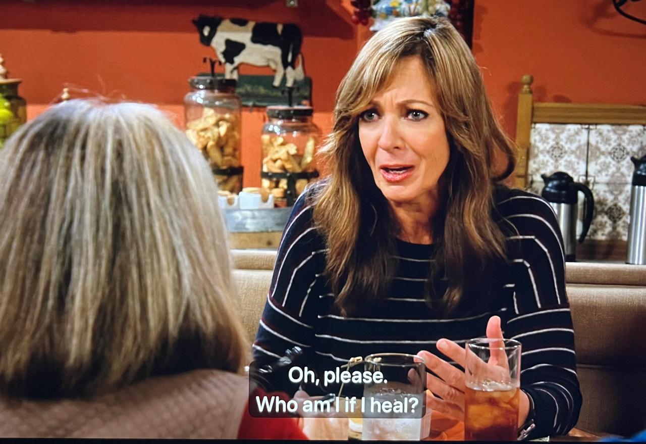 Bonnie from the TV show Mom joking about who she would be if she healed — a reminder of why change feels hard when identity is tied to struggle.